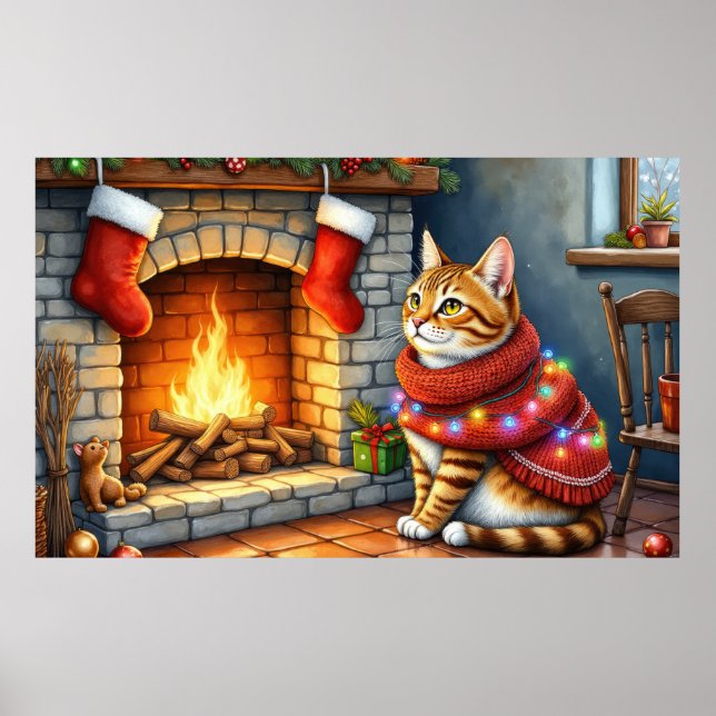 Abyssinian Cat Sitting by Fireplace with Christmas Poster (Framsidan)