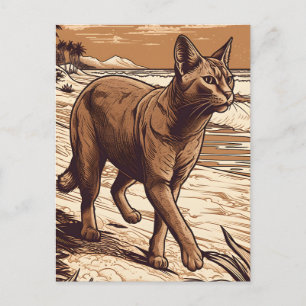 Abyssinian-Cat vid en tropisk strand under solnedg Vykort