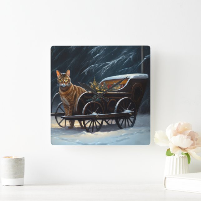 Abyssinian Snowy Sleigh Ride Juldekan Fyrkantig Klocka (Hem)