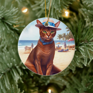 Abyssiniska katt på Beach, sommargåva till kattäls Julgransprydnad Keramik
