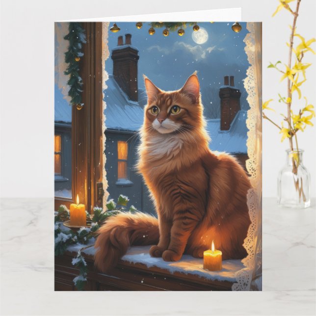 Abyssiniskt katt med julklapp Ljus Helgdag Kort (Gul blomma)