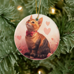 Abyssiniskt katt med Ro - Alla hjärtans dag Julgransprydnad Keramik
