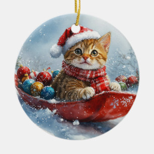 Abyssinsk katt i släde Låt det snöa jul Julgransprydnad Keramik