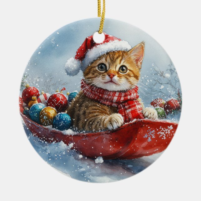 Abyssinsk katt i släde Låt det snöa jul Julgransprydnad Keramik (Framsidan)