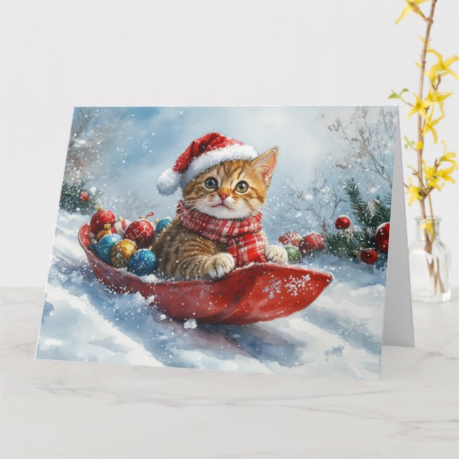 Abyssinsk katt i släde Låt det snöa jul Kort (Gul blomma)