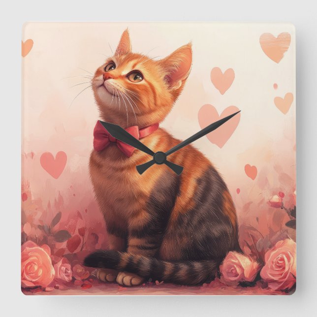 Abyssinsk katt med rosor - Alla hjärtans dag Fyrkantig Klocka (Framsida)