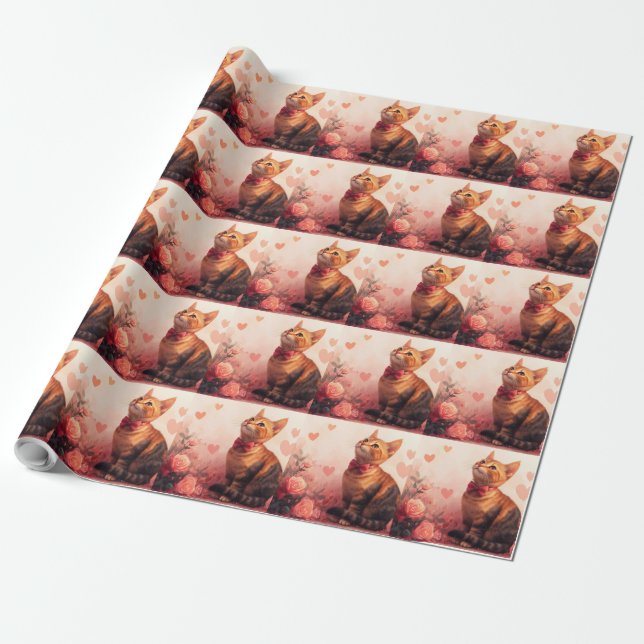 Abyssinsk katt med rosor - Alla hjärtans dag Presentpapper (Utrullad)
