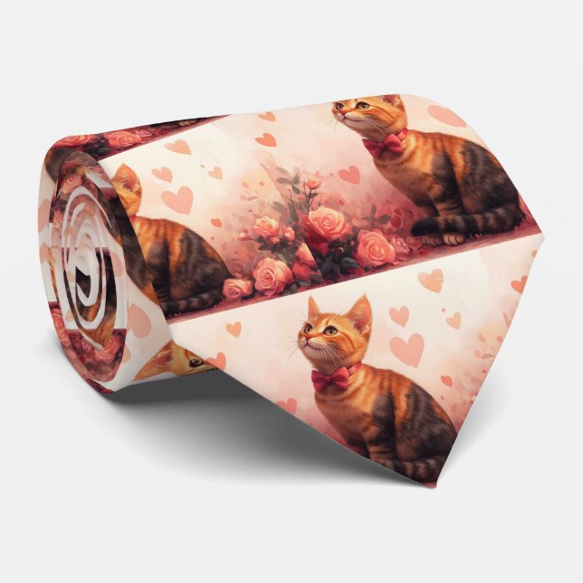 Abyssinsk katt med rosor - Alla hjärtans dag Slips (Rullad)