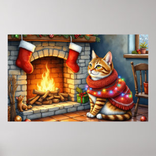 Abyssinsk katt som sitter vid öppen spis med jul poster