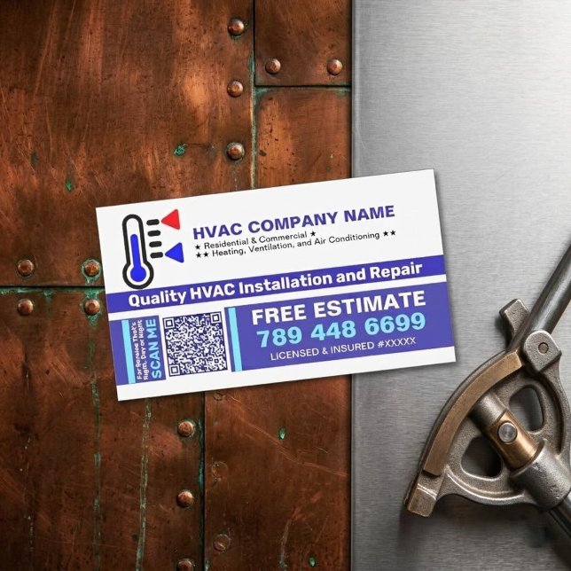 AC Luftkonditionering (QR-kod & logotyp) Unik HVAC Magnetiska Visitkort (HVAC technician marketing materials, business cards with QR code, heating and cooling service magnet)