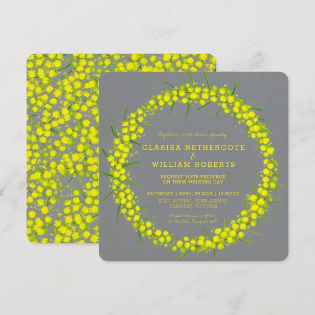 Acacia wattle blommigt art gult grått bröllop inbjudningar (Fram/baksida)