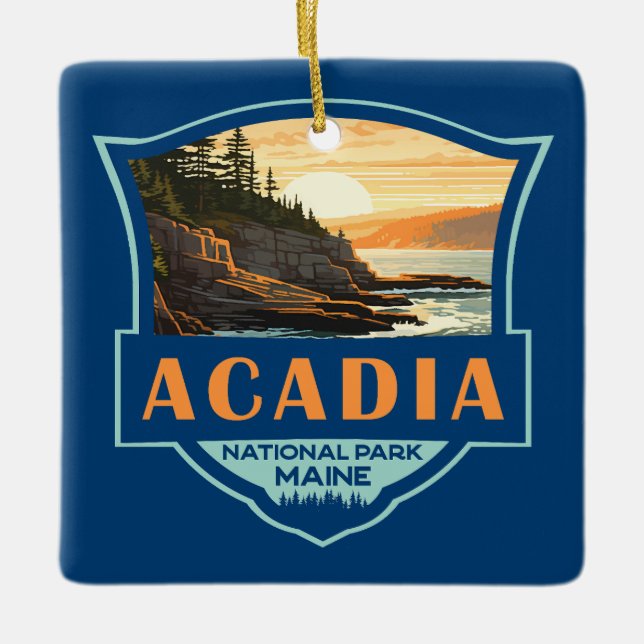 Acadia National Park Illustration Retro Badge Julgransprydnad Keramik (Framsida)