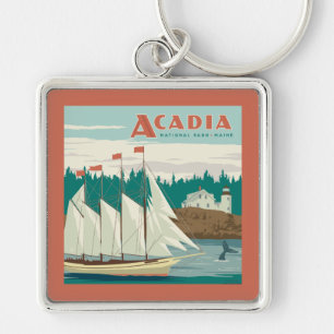 Acadia National Park, Maine Segelbåt och val Fyrkantig Silverfärgad Nyckelring