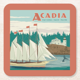 Acadia National Park, Maine Segelbåt och val Underlägg Papper Kvadrat