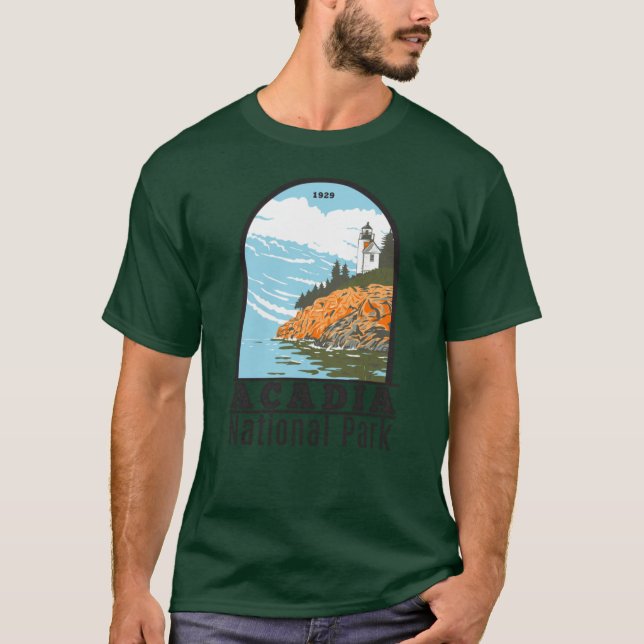 Acadia National Park Pub Harbour Lighthouse Maine T Shirt (Framsida)