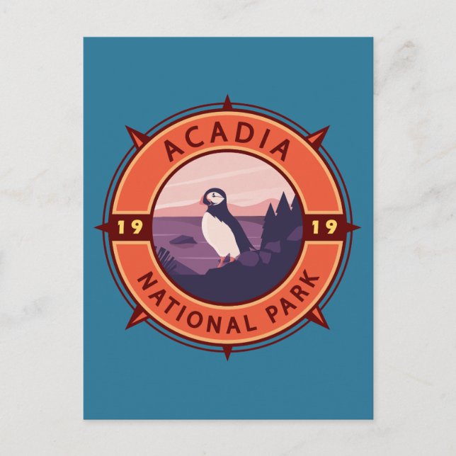 Acadia National Park Puffin Retro Kompassemblem Vykort (Framsida)