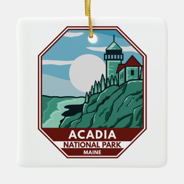Acadia nationalpark Maine Lighthouse Retro Emblem Julgransprydnad Keramik (Framsida)