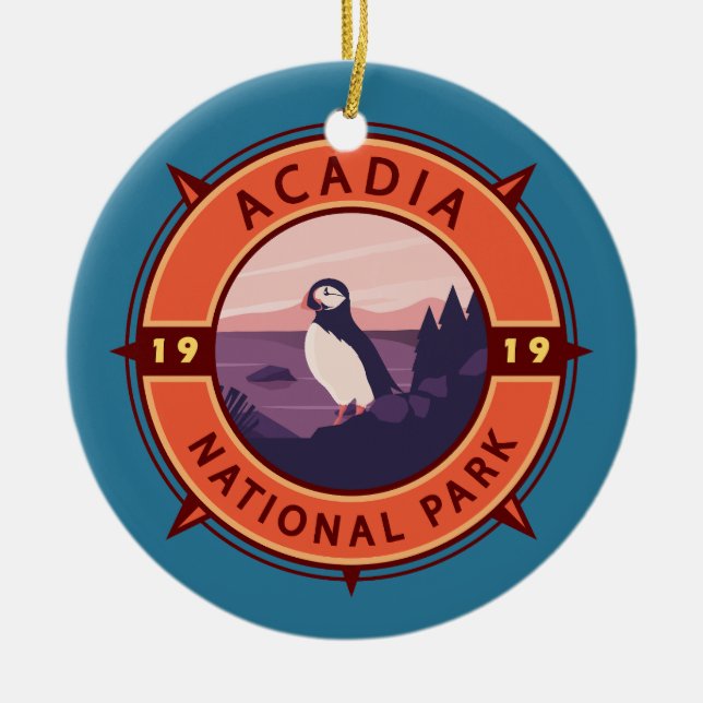 Acadia nationalpark Puffin Retro Compass Emblem Julgransprydnad Keramik (Framsidan)