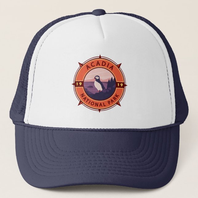 Acadia nationalpark Puffin Retro Compass Emblem Keps (Framsida)