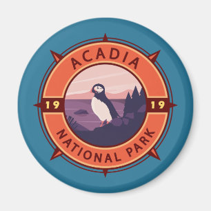 Acadia nationalpark Puffin Retro Compass Emblem Magnet