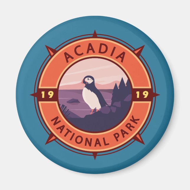 Acadia nationalpark Puffin Retro Compass Emblem Magnet (Framsidan)