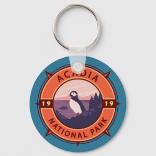 Acadia nationalpark Puffin Retro Compass Emblem Nyckelring