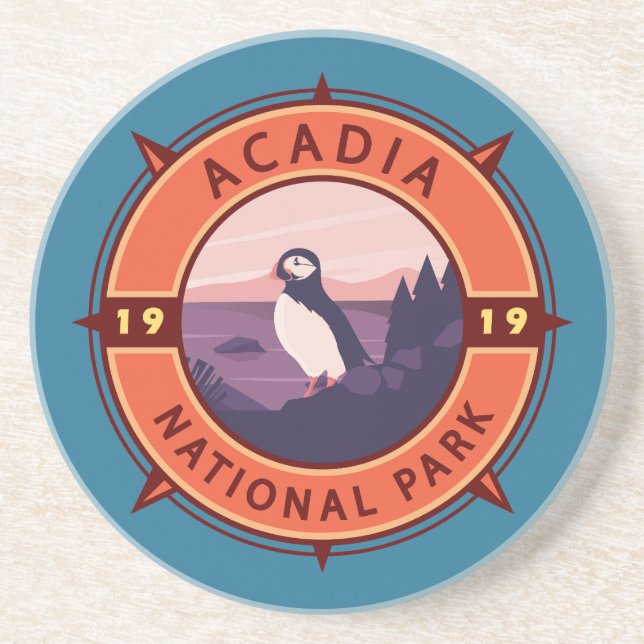 Acadia nationalpark Puffin Retro Compass Emblem Underlägg (Framsidan)