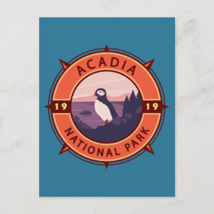 Acadia nationalpark Puffin Retro Compass Emblem Vykort