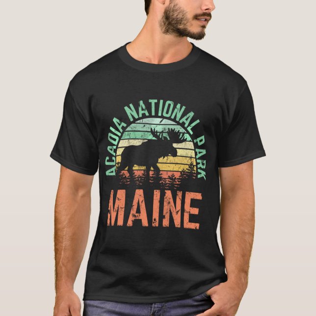 Acadia nationalparken Maine Moose Hiking Retro Sol T Shirt (Framsida)
