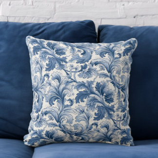 Acanthus Damask, blå och vit Renaissance Kudde