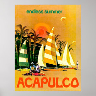 Acapulco, ändlösa sommar segelbåtar på kusten poster