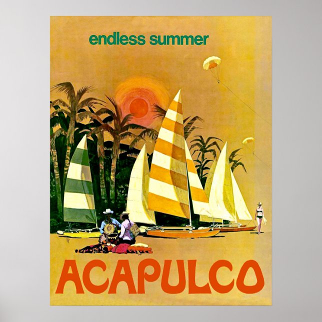 Acapulco,ändlösa sommarsegelbåtar på kusten poster (Framsidan)