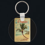 Acapulco Handflatan Träd Vintage resor Nyckelring<br><div class="desc">En unik,  gammal modern Acapulco Mexico-konst i mitten av århundradet i vintage resor poster stil. Den har en böjd handflatan träd på sandstranden med hav under ett blått grumligt himlar.</div>
