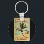 Acapulco Handflatan Träd Vintage resor Nyckelring<br><div class="desc">En unik,  gammal modern Acapulco Mexico-konst i mitten av århundradet i vintage resor poster stil. Den har en böjd handflatan träd på sandstranden med hav under ett blått grumligt himlar.</div>