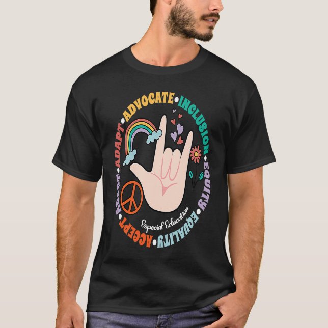 Accept Adapt Advocate Inclusion Equity Equality T Shirt (Framsida)