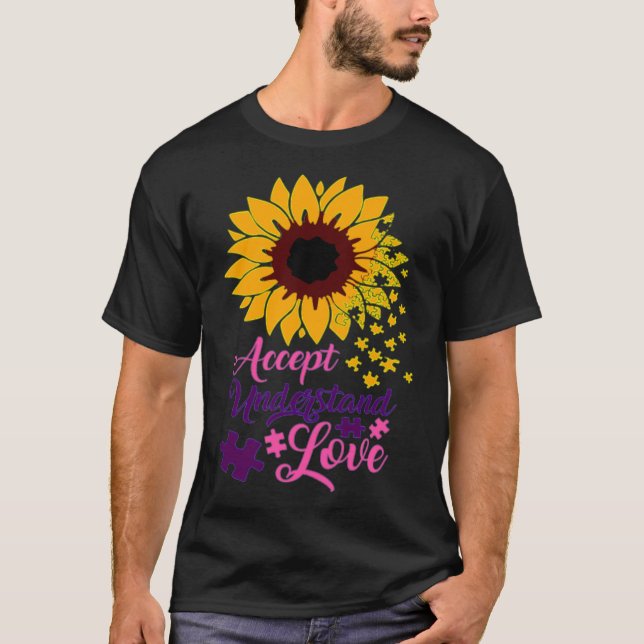 Accept Understand Love Autism Support Sunflower T Shirt (Framsida)