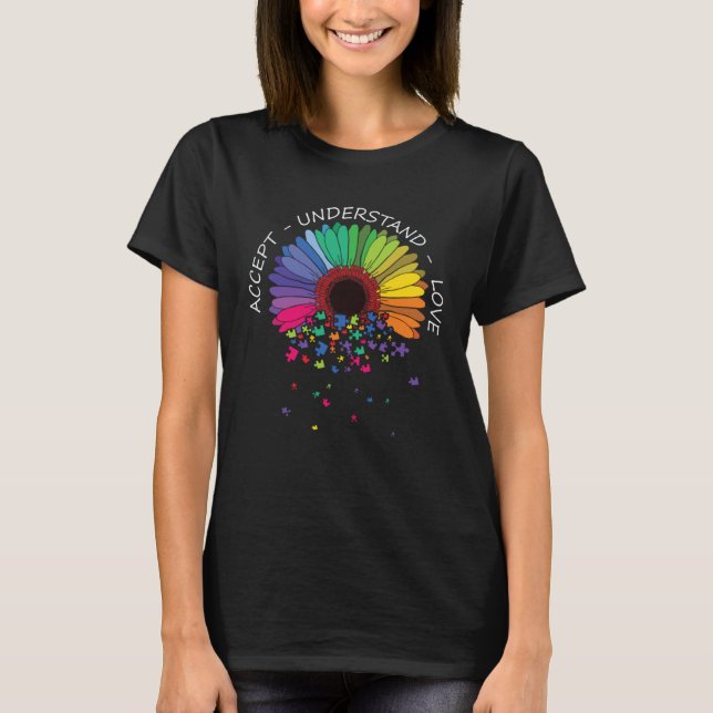 Accept Understand Love Sunflower Autism Awareness  T Shirt (Framsida)