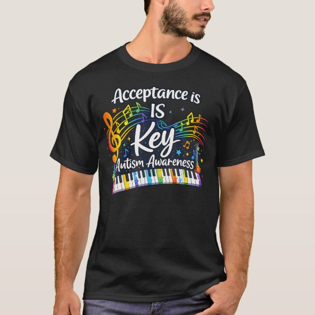 Acceptans är nyckeln Autism Medvetenhet Månad Lära T Shirt (Framsida)