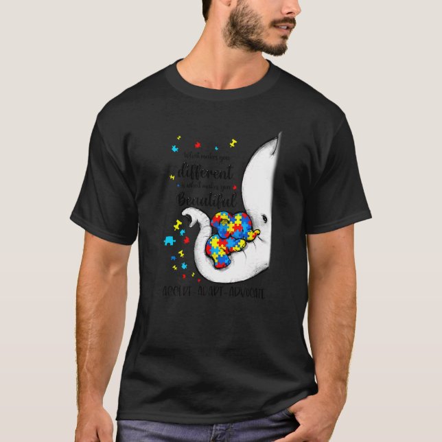 Acceptera Adapt Advocate Autism Awareness Elephant T Shirt (Framsida)
