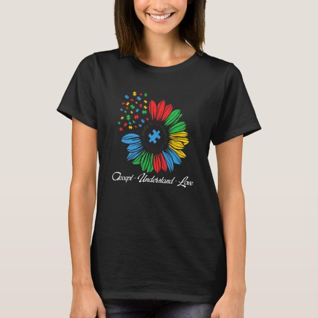Acceptera Förstå Kärlek Asd Regnbåge Blomma Autism T Shirt (Framsida)
