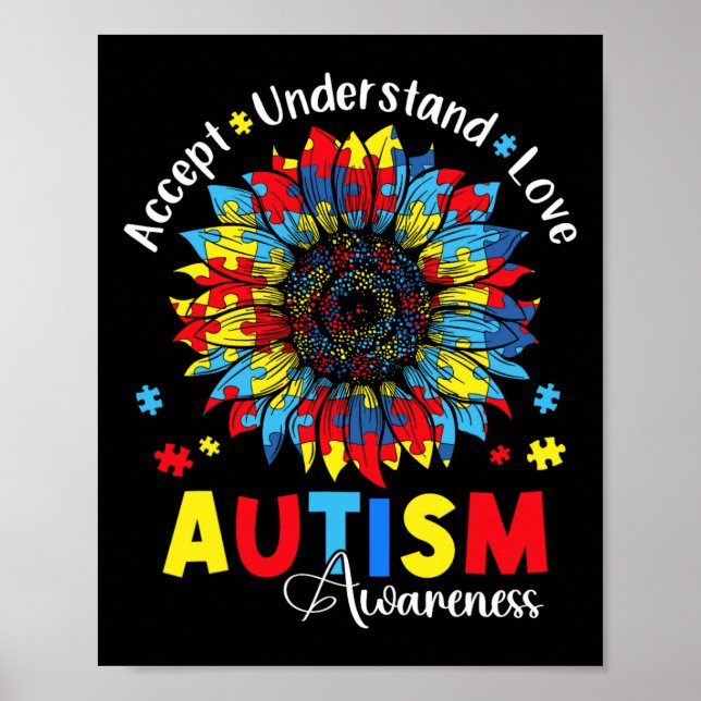 Acceptera Förstå Kärlek Autism Medvetenhet Solros Poster (Framsidan)