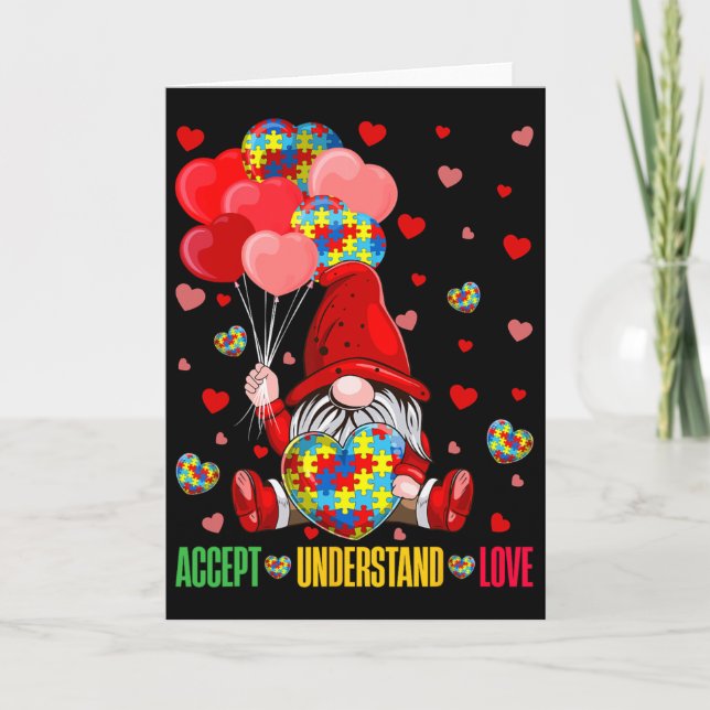 Acceptera Förstå Kärlek Pussel Autism Hjärta Gnome Kort (Framsida)
