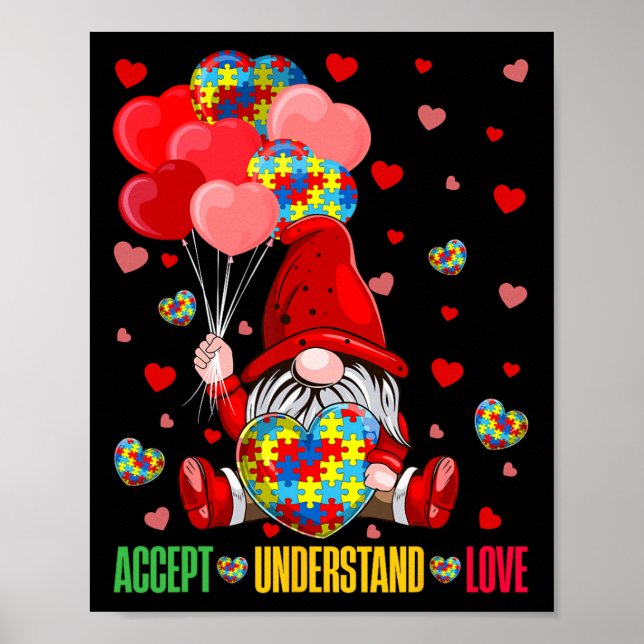Acceptera Förstå Kärlek Pussel Autism Hjärta Gnome Poster (Framsidan)