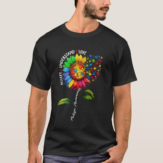 Acceptera Förstå Kärlek Solros Autism Acceptans  T Shirt (Framsida)