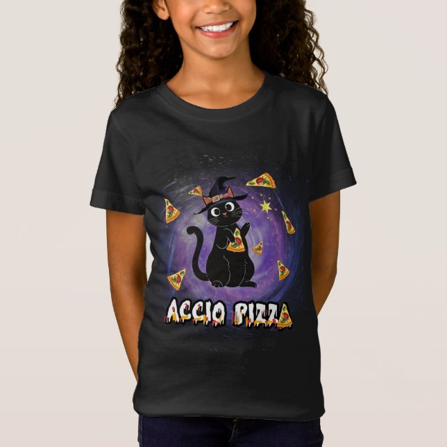 Accio Pizza Funny Black Cat Magic Wizard T Shirt (Framsida)