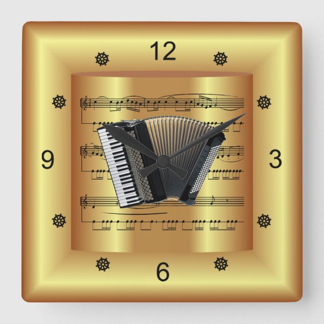 Accordion ~ Curved Lakan Music ~ Guld Background ~ Fyrkantig Klocka (Framsida)