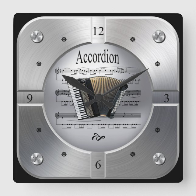 Accordion ~ Lakan Music ~ Brushed Silver Färg ~ Fyrkantig Klocka (Framsida)