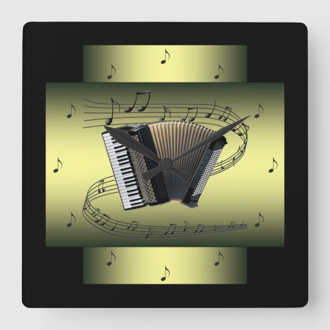 Accordion~ Musical Swirl ~ Notes ~ * ~ * ~ Fyrkantig Klocka (Framsida)