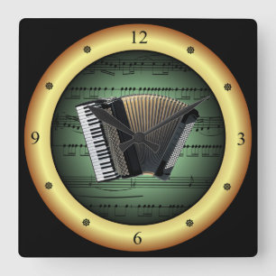 Accordion på Lakan Music~Grönt på Guld Background~ Fyrkantig Klocka