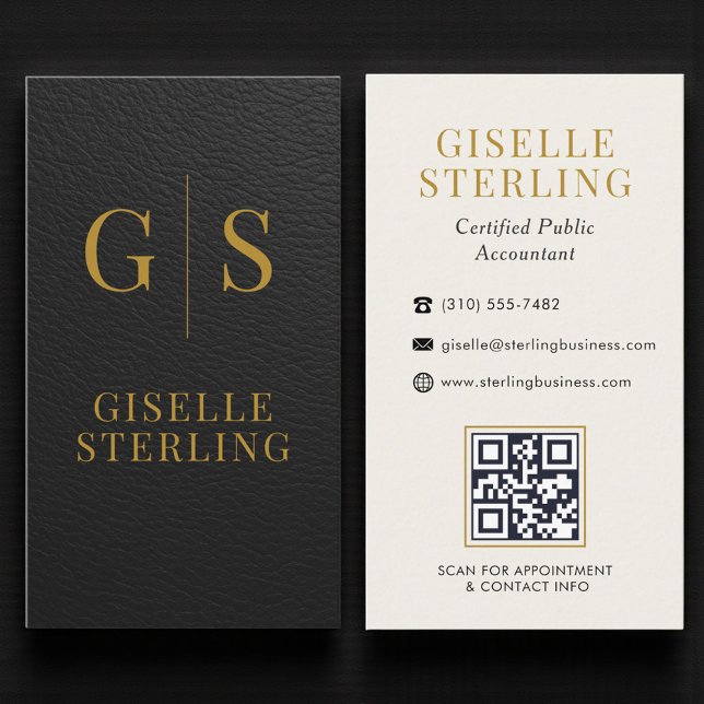 Accountant CPA Faux Leather Black Gold QR Code Visitkort (Skapare uppladdad)